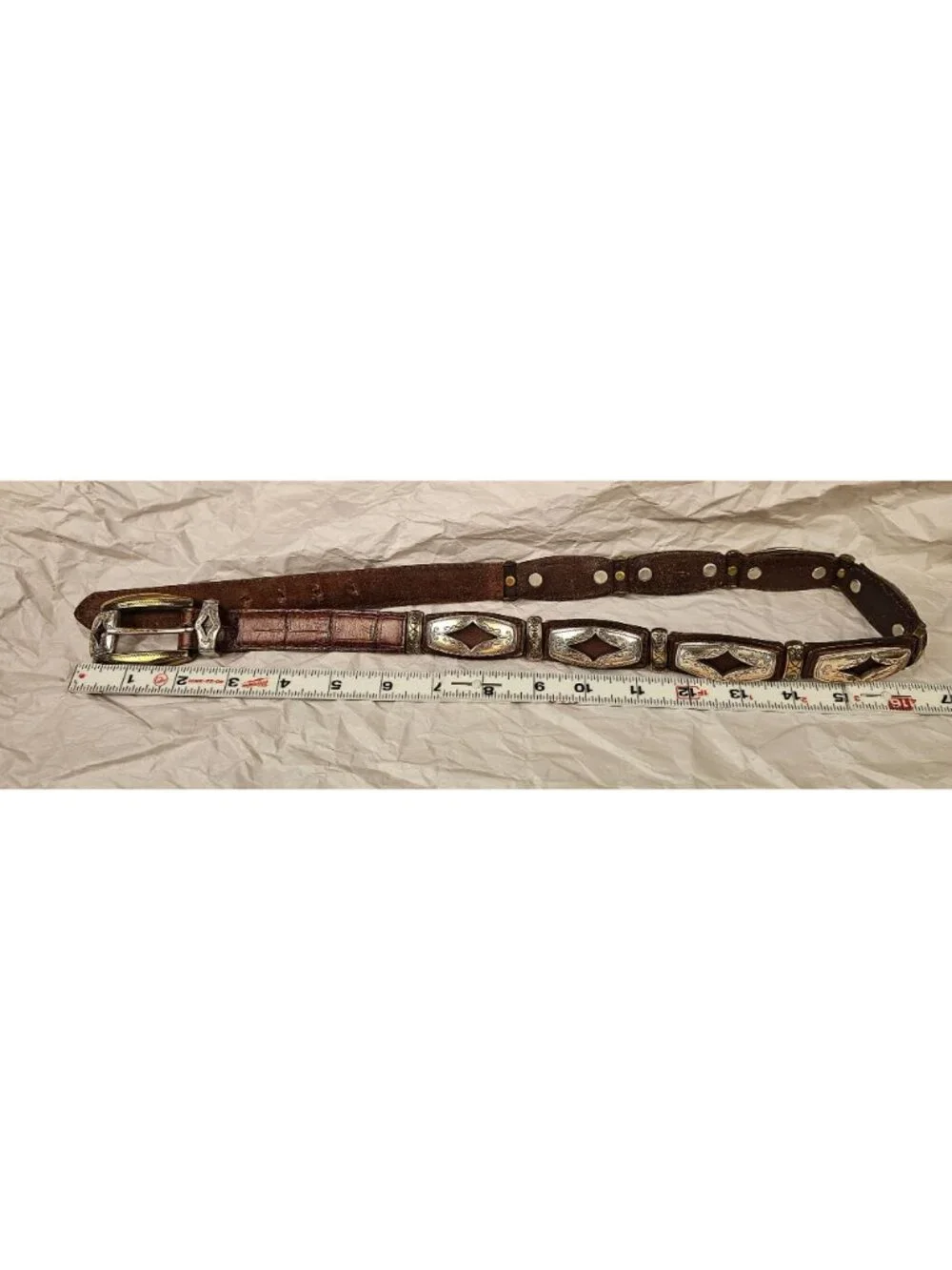 Brighton Leather Belt With Western-Style Silver & Gold-Tone Buckle And Decorativ